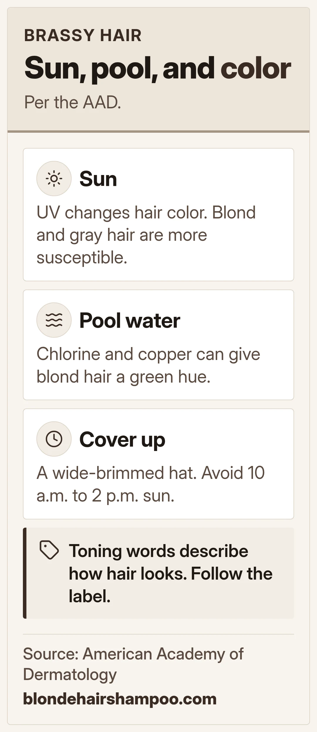 Sun, pool water, and hair color. Per the AAD.
