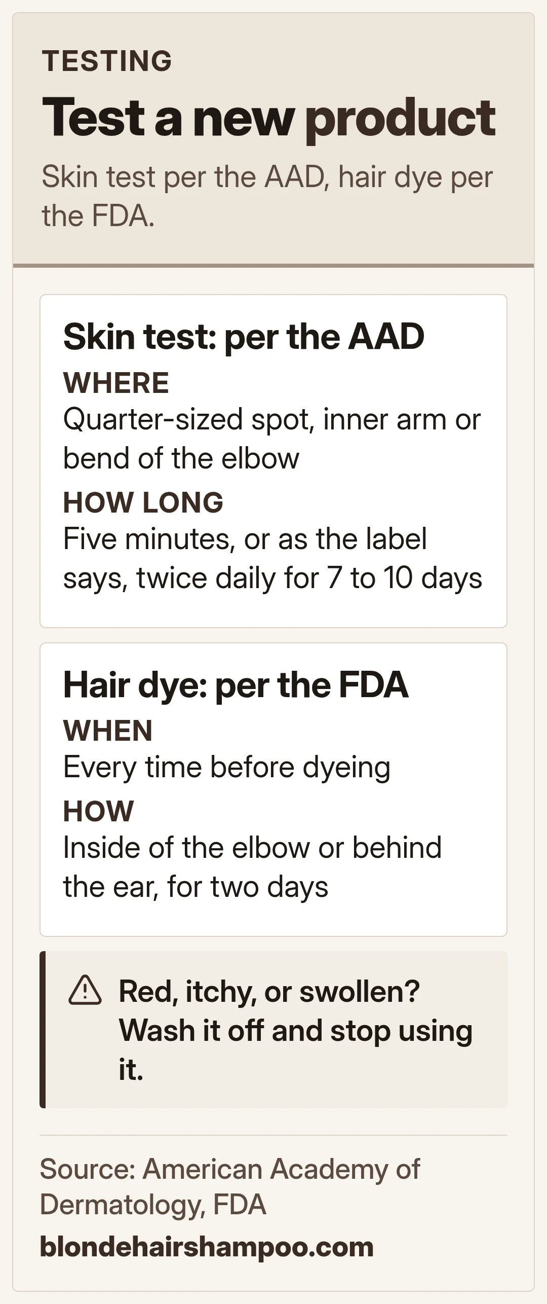 Test a new hair product. Skin test per the AAD, hair dye per the FDA.