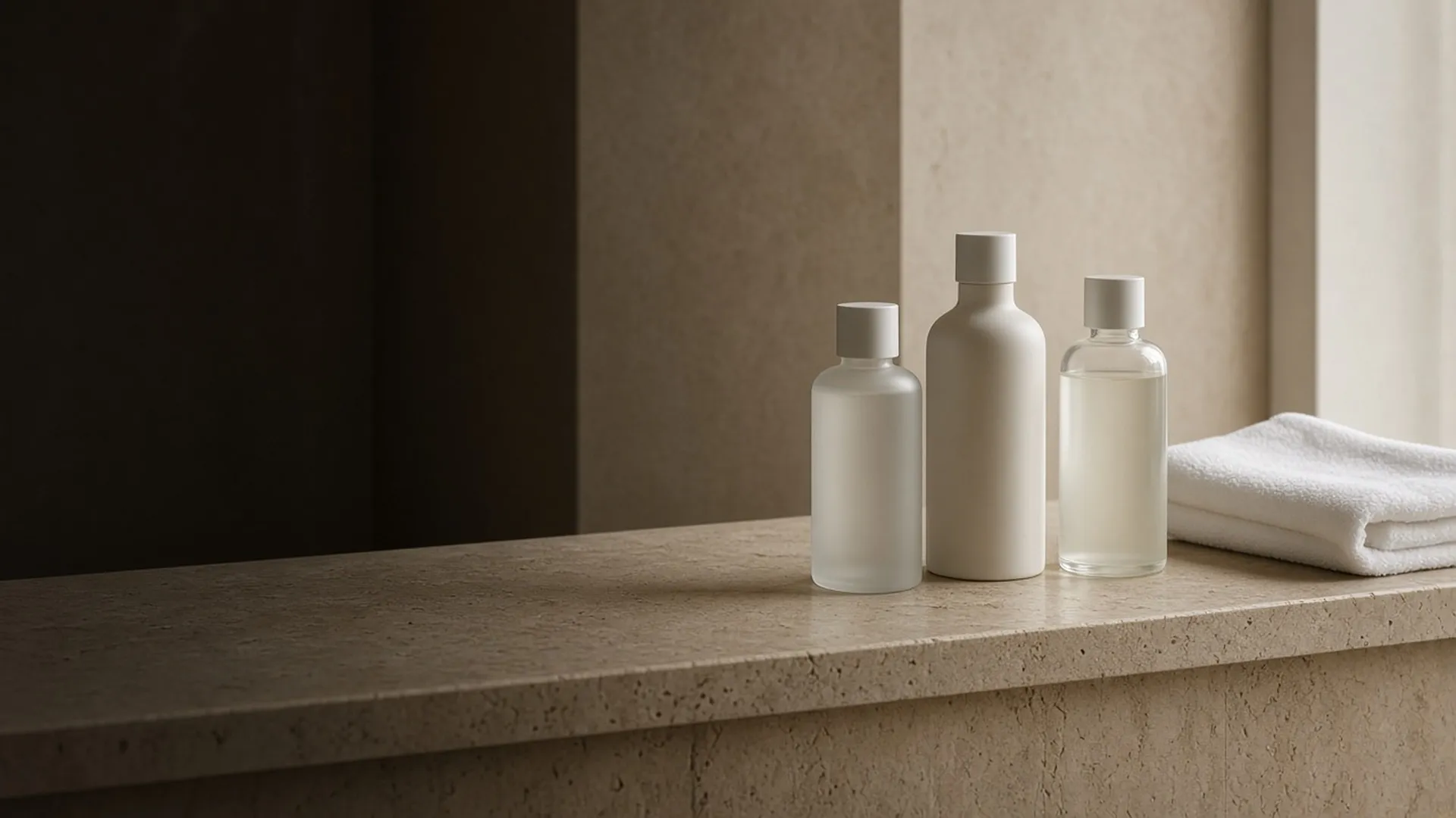 Three plain unlabeled bottles and a folded white towel on a pale travertine ledge