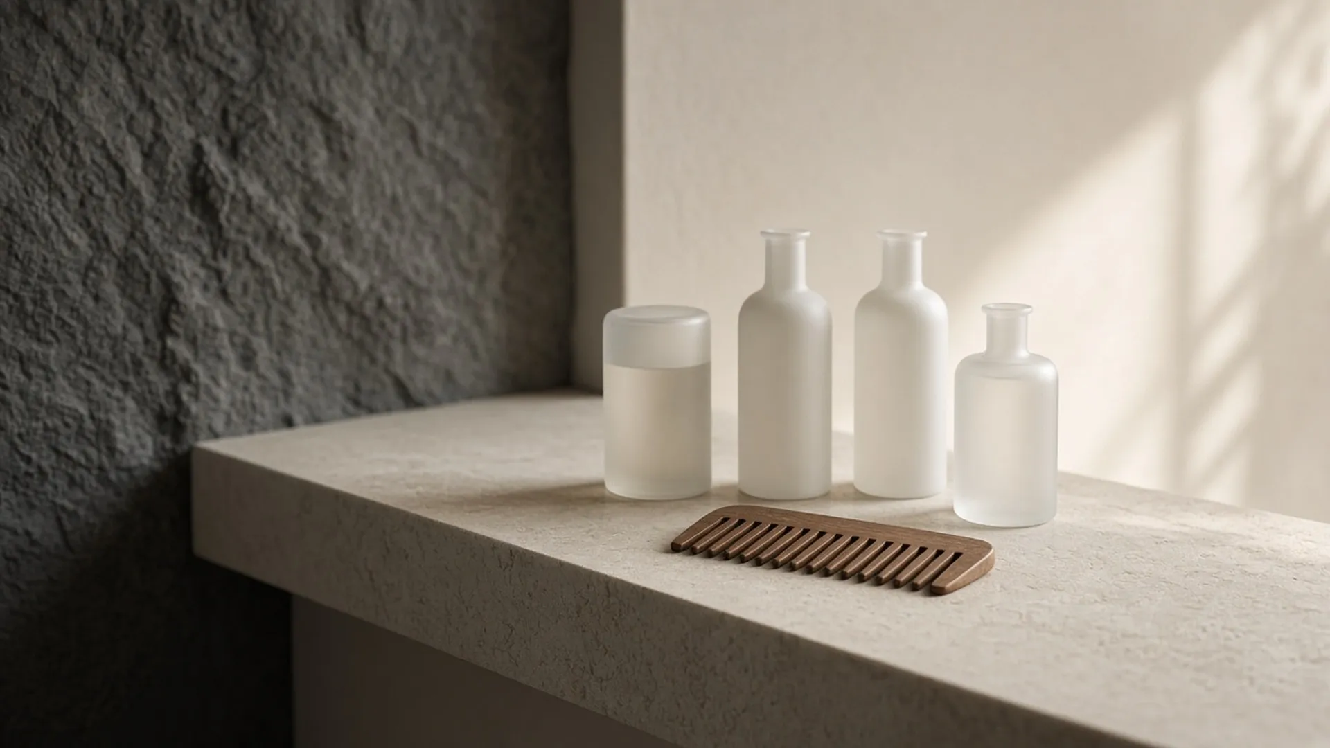 A row of plain unlabeled bottles and a wooden comb on a pale limestone shelf