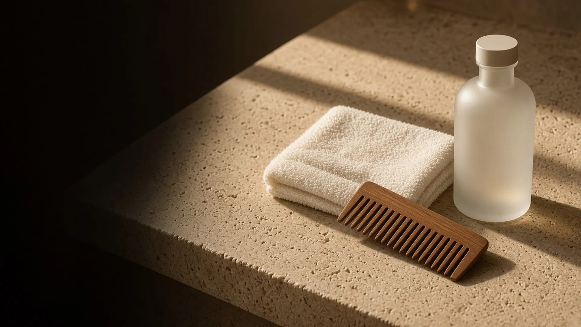 A frosted bottle, a folded towel, and a wide-tooth comb on a sunlit stone ledge