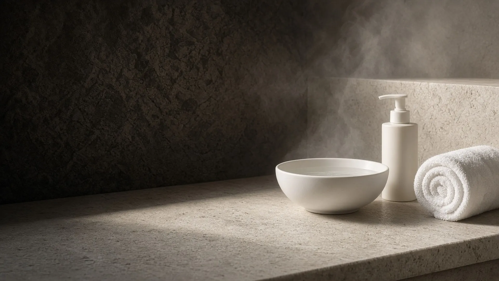A bowl of clear water, a plain pump bottle, and a rolled towel on a vanity