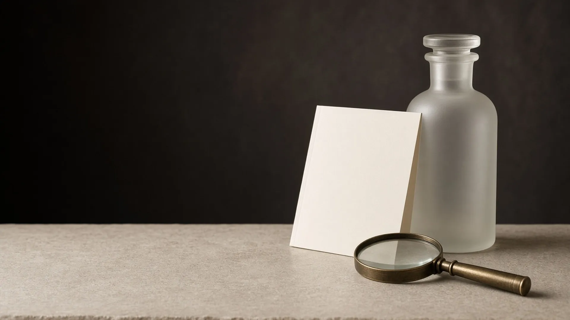 A blank ivory card, a plain bottle, and a brass magnifying glass on pale stone