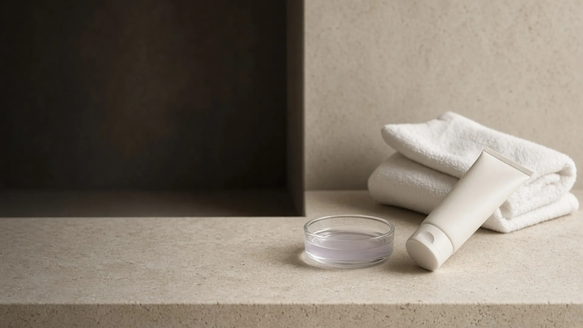 A white tube and folded towel beside a clear unlabeled glass dish of pale lilac liquid