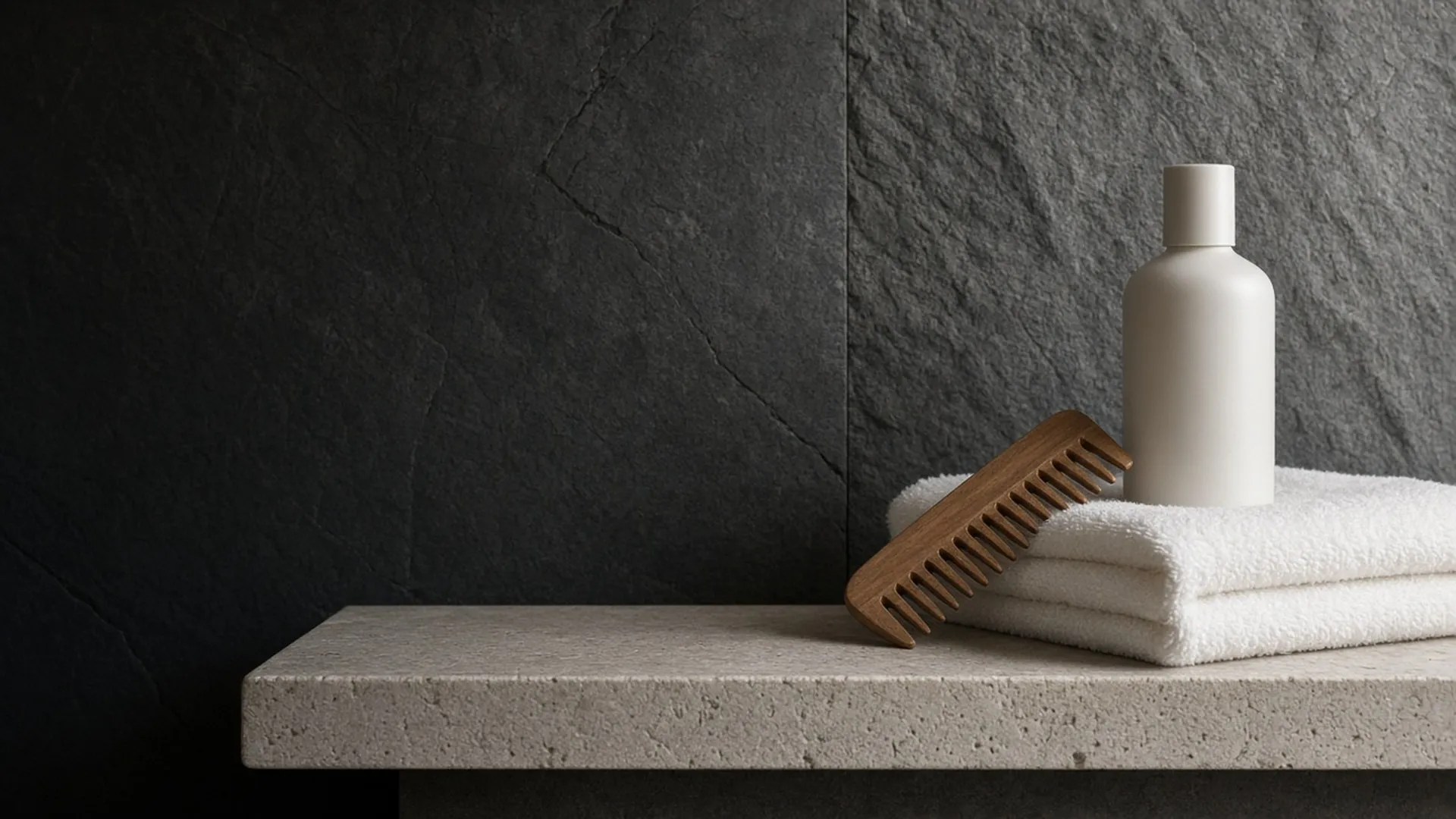 A plain ivory bottle and a wide-tooth comb resting on a folded white towel