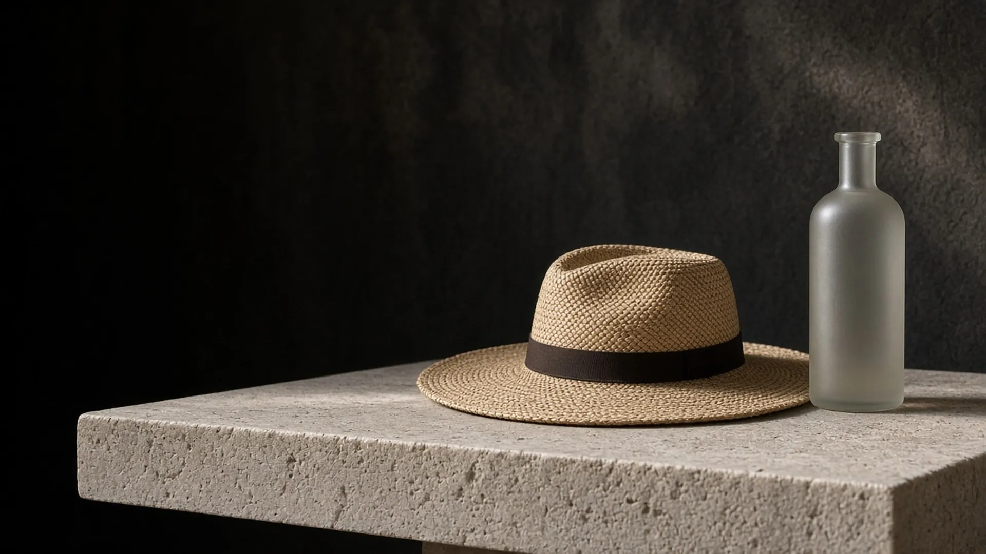 A wide-brimmed straw hat resting on a stone ledge beside a plain frosted bottle