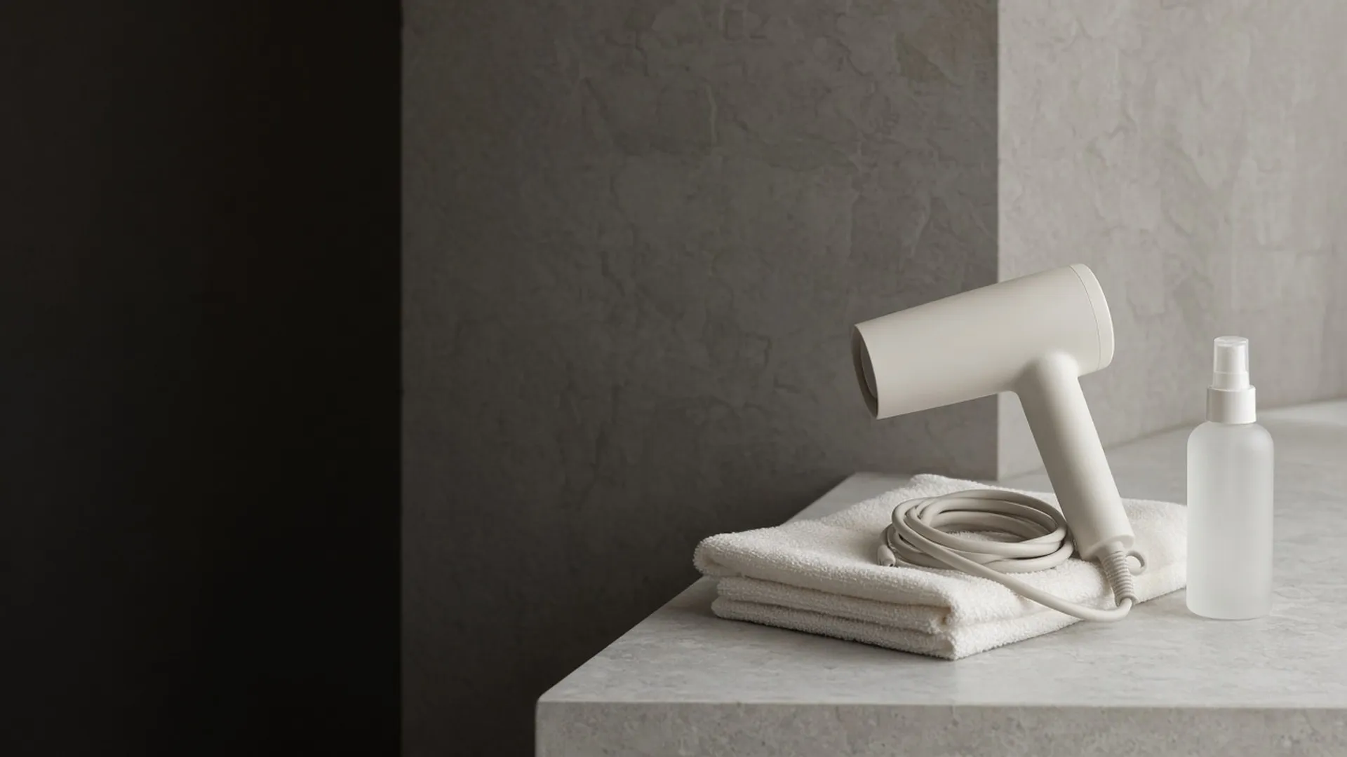 A plain ivory hair dryer on a folded towel beside a plain spray bottle