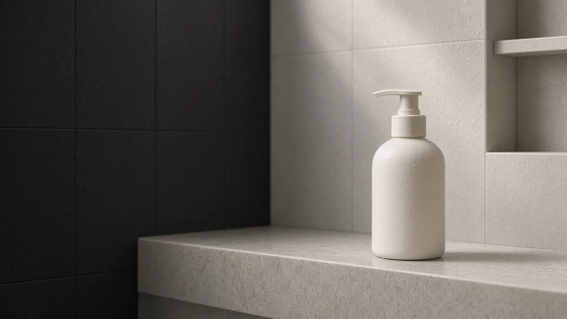 A plain unlabeled pump bottle on a shower ledge with water droplets on pale tile