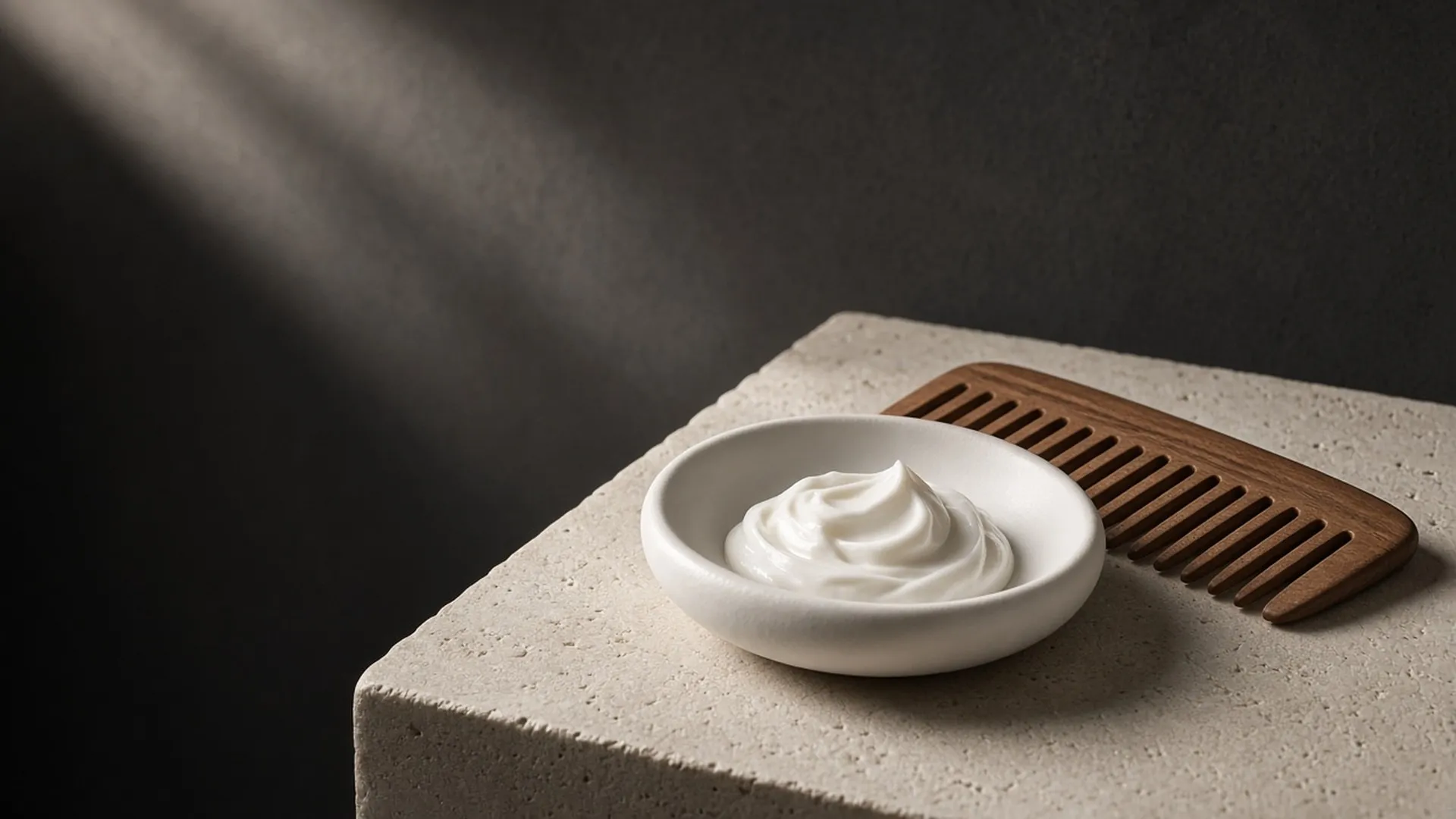 A dollop of white cream in a ceramic dish beside a wooden wide-tooth comb