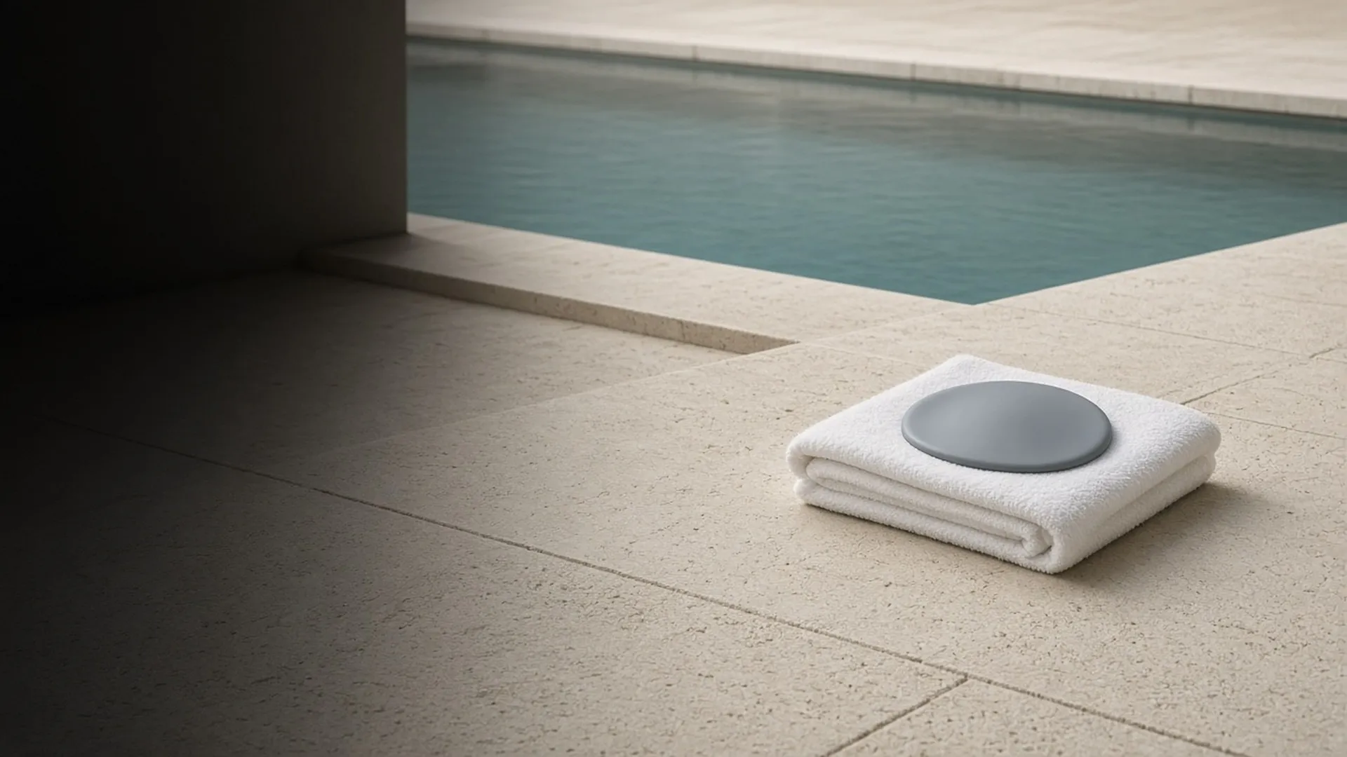 A folded white towel with a flat grey disc on a pool deck beside clear water
