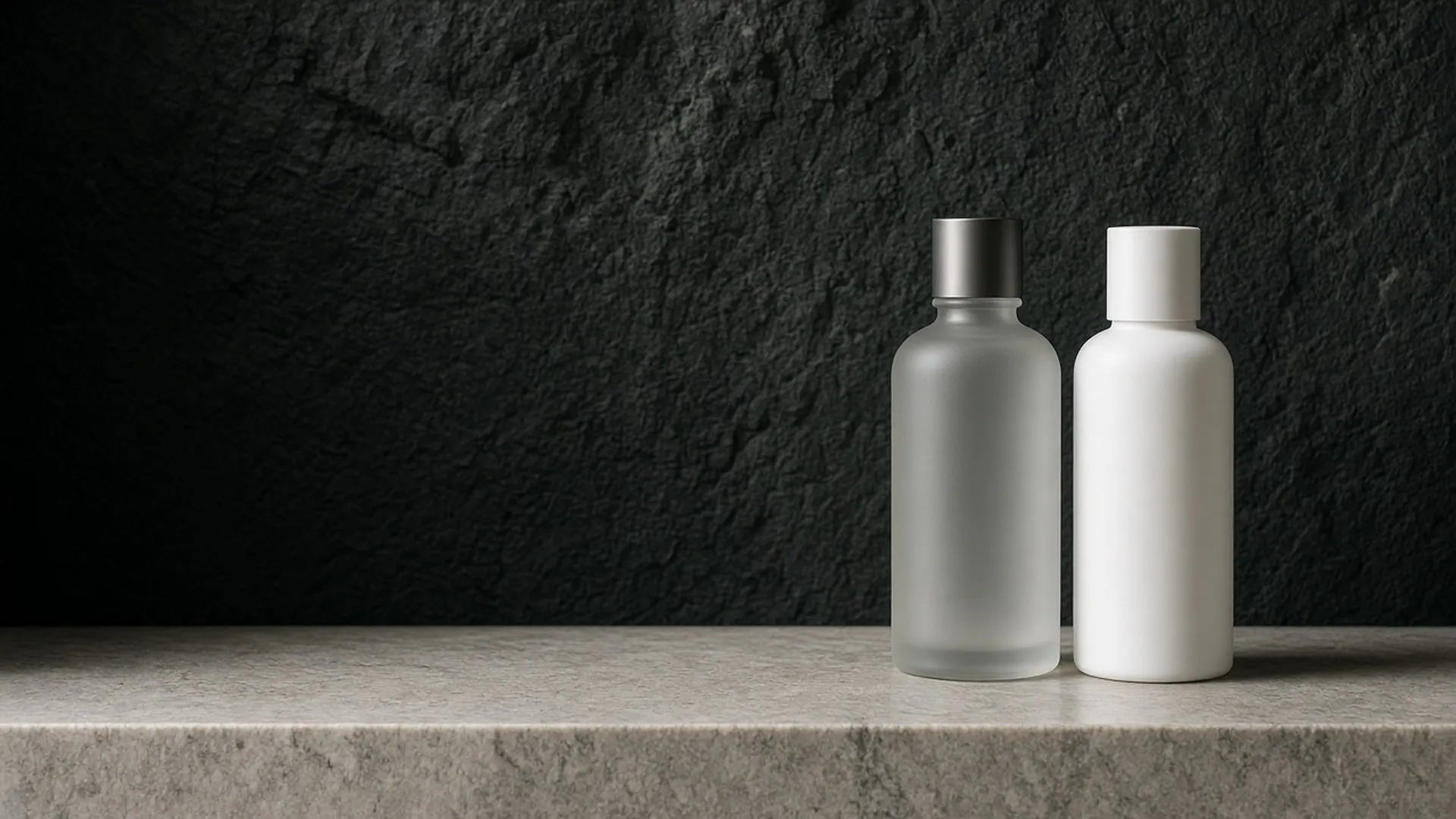 A frosted glass bottle and a plain white bottle standing on a stone ledge