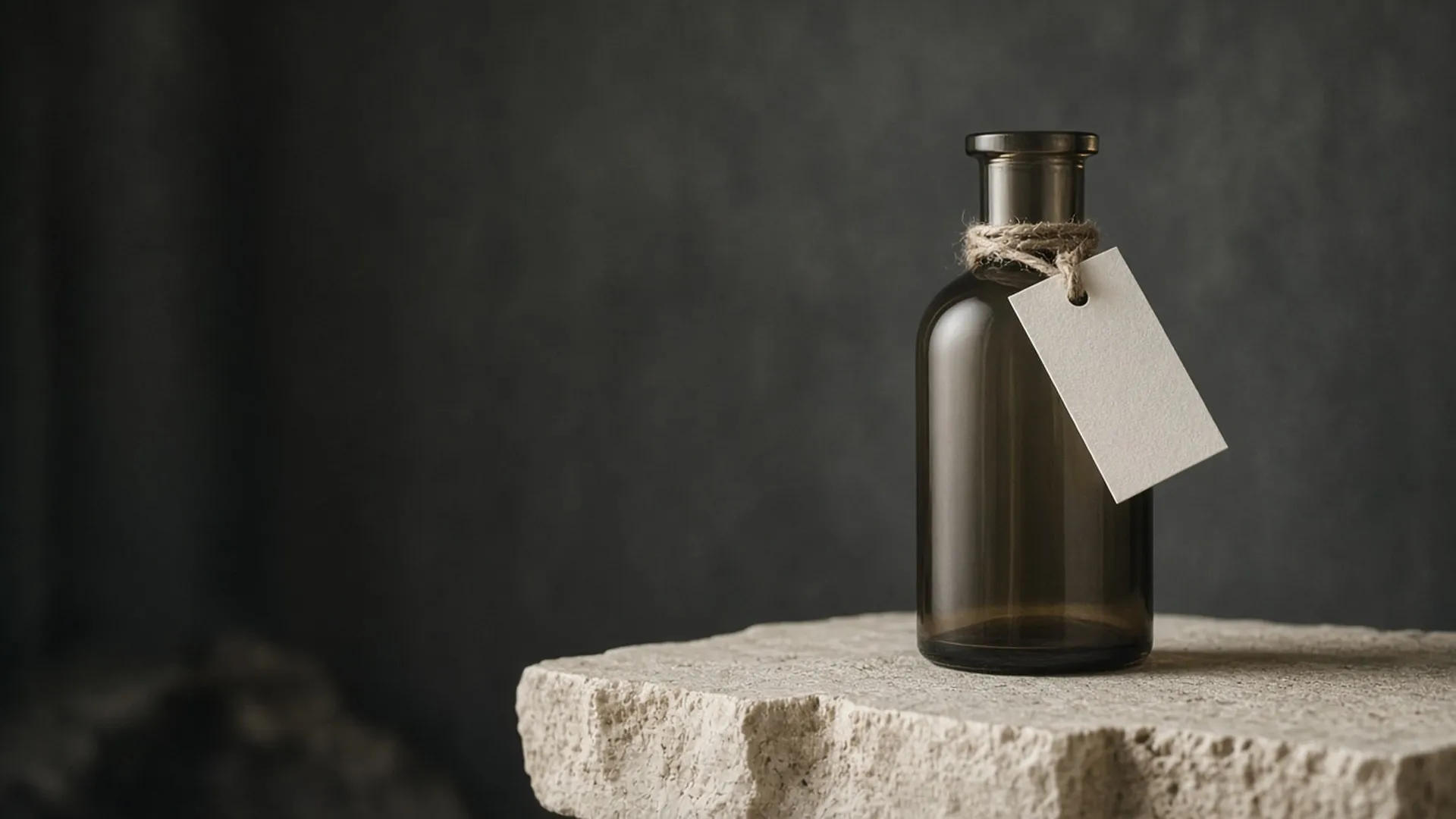 A plain dark brown glass bottle with a blank ivory tag tied on with string