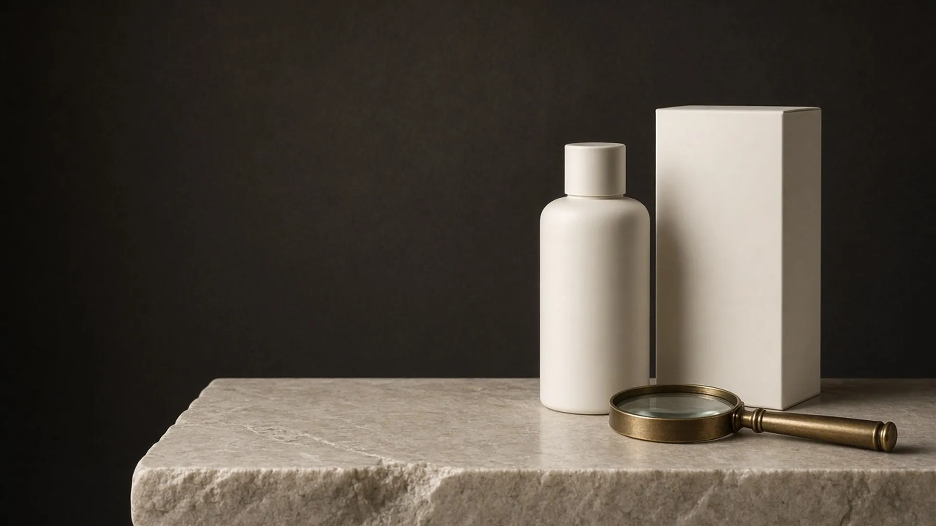 A plain bottle, a blank ivory carton, and a brass magnifying glass on stone