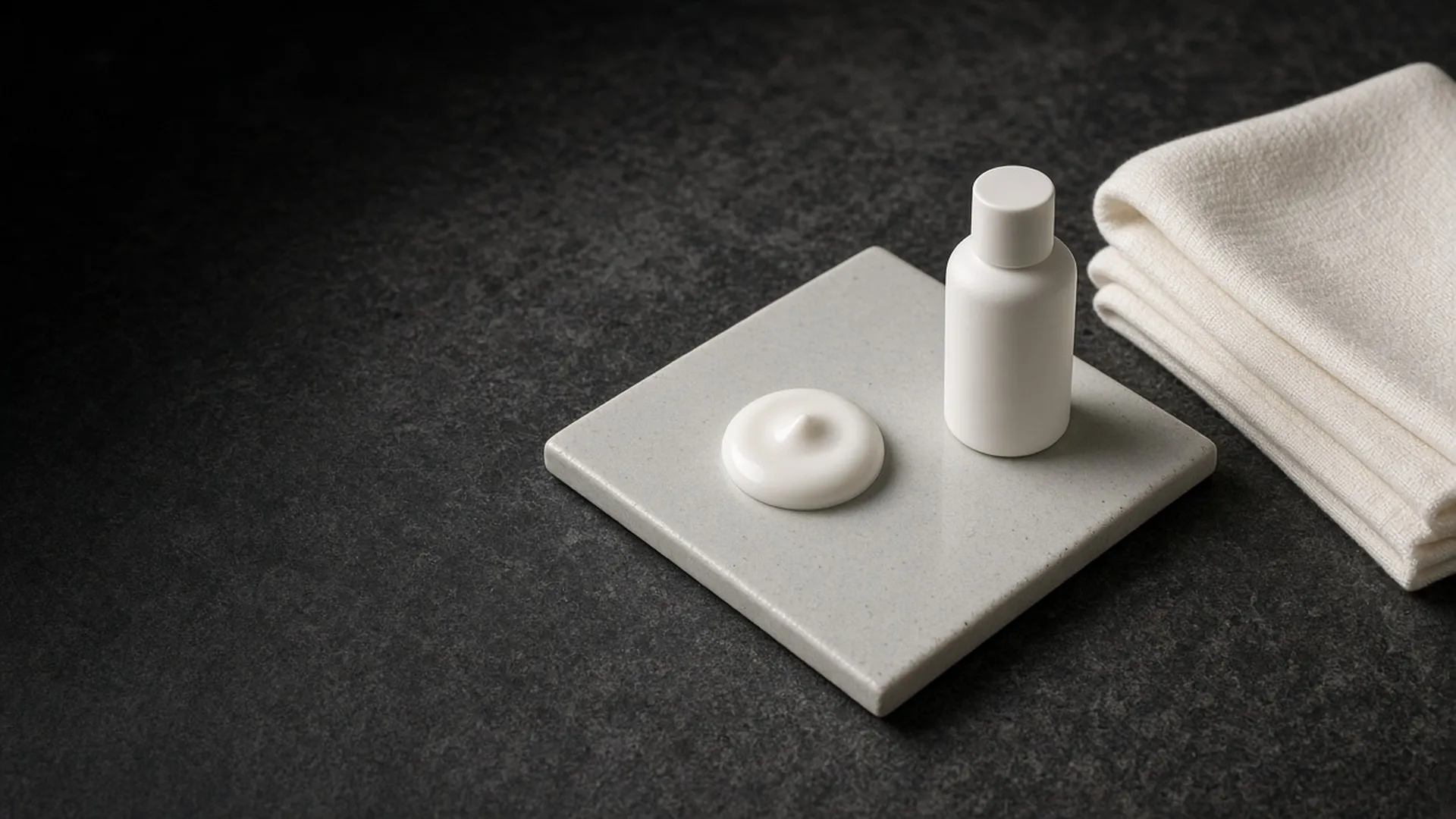 A small dab of white cream on a ceramic tile beside a plain bottle