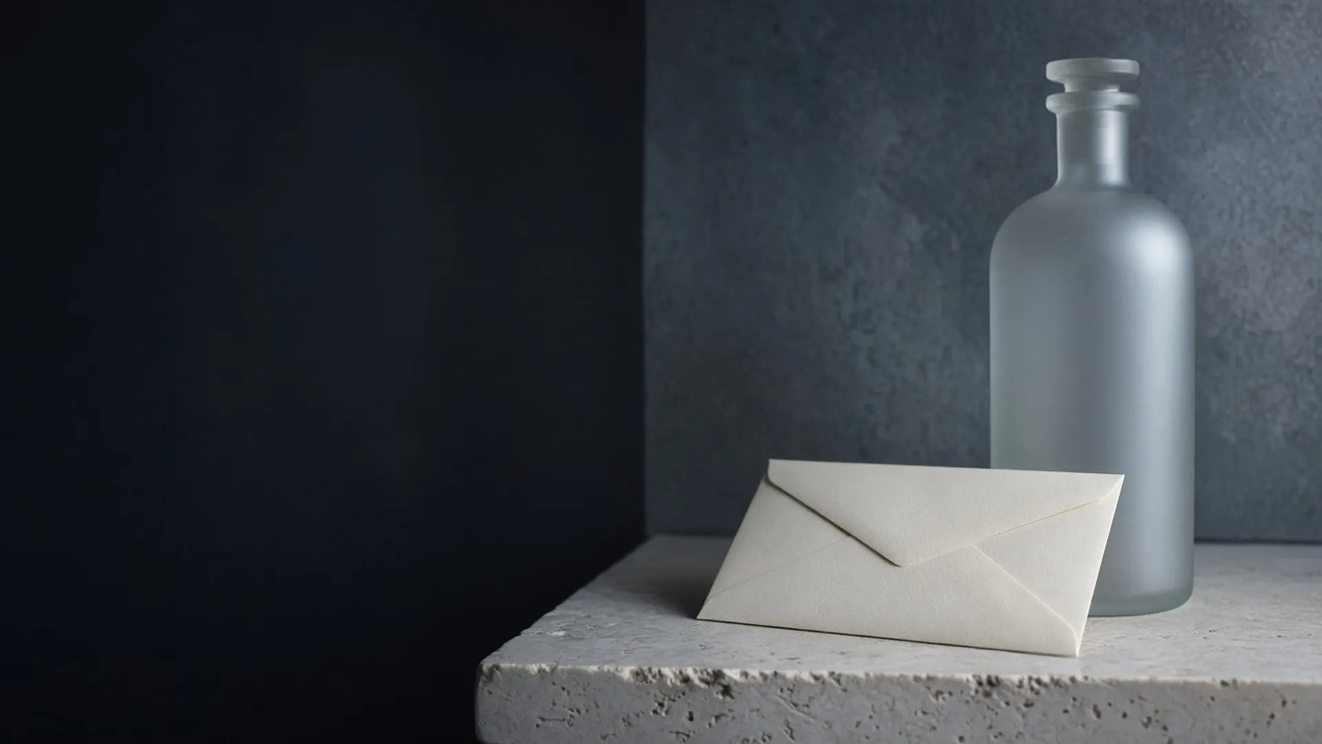 A sealed blank ivory envelope resting on a stone ledge beside a plain bottle