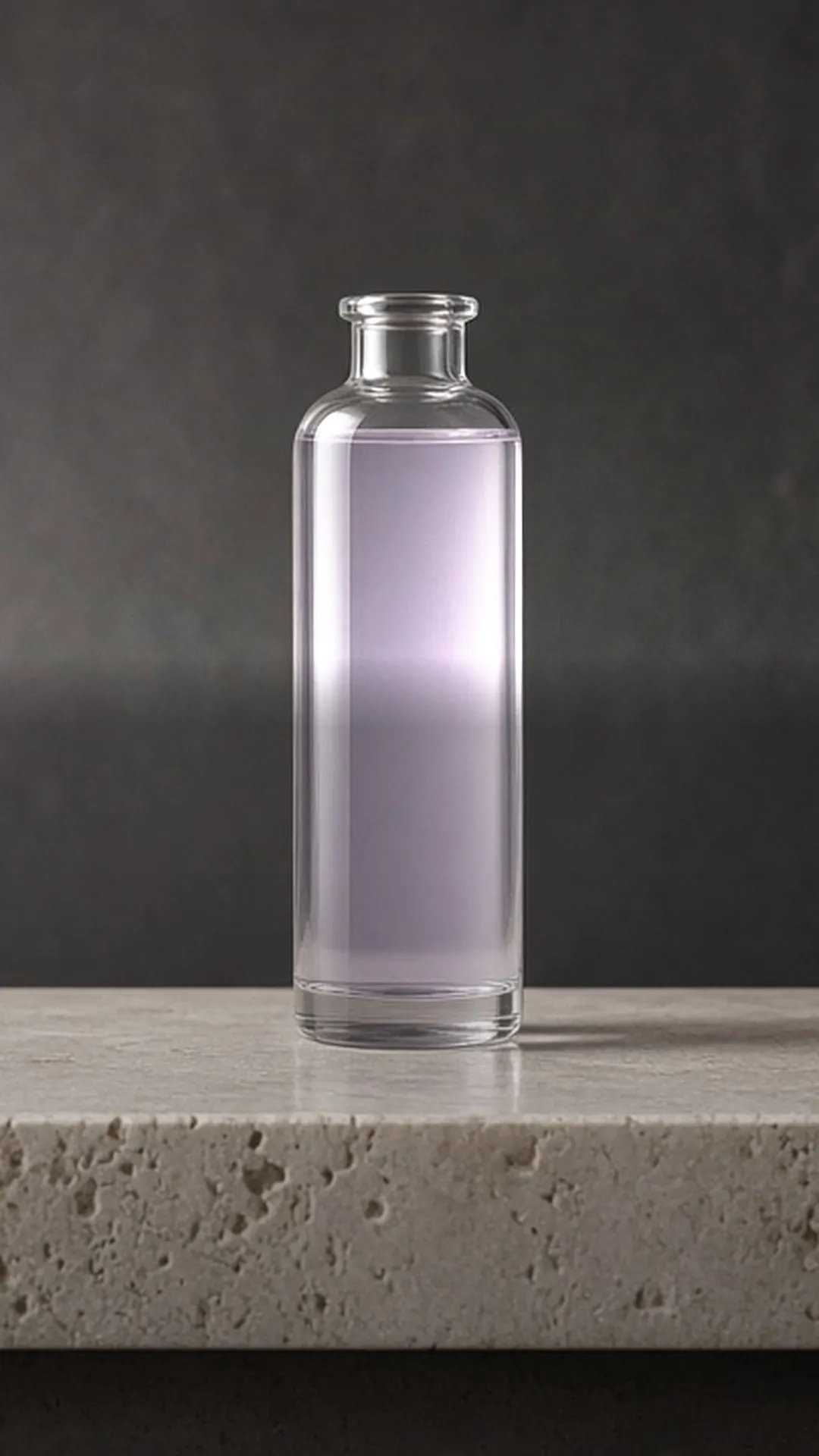 A clear unlabeled glass bottle of pale lilac liquid standing on a pale travertine ledge