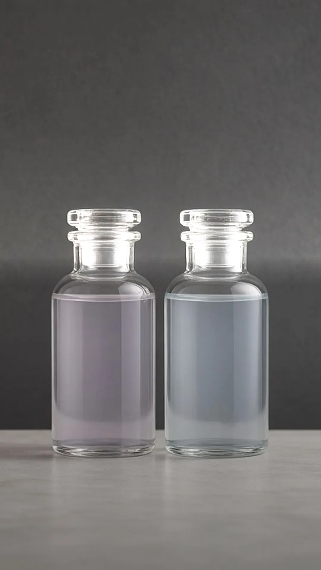 Two identical clear unlabeled glass bottles side by side, one pale lilac and one pale blue