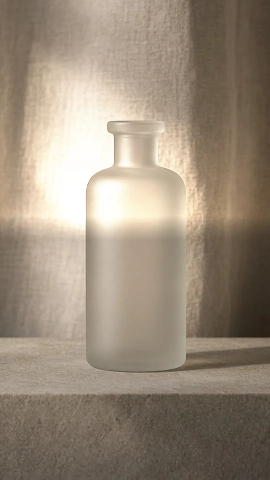 A plain frosted glass bottle on a stone ledge in front of a linen curtain