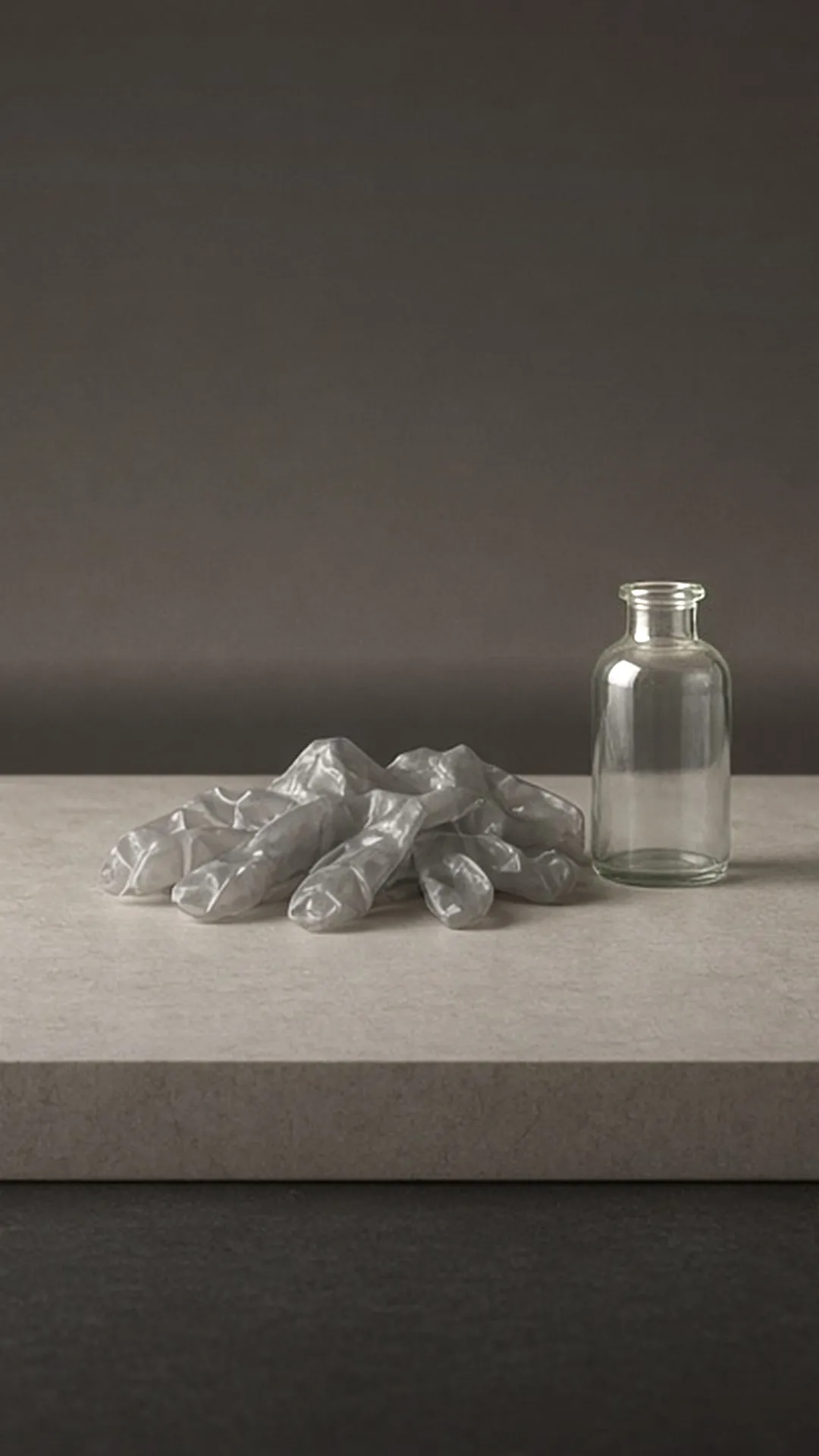 A pair of crumpled grey gloves beside a small clear unlabeled glass bottle on stone