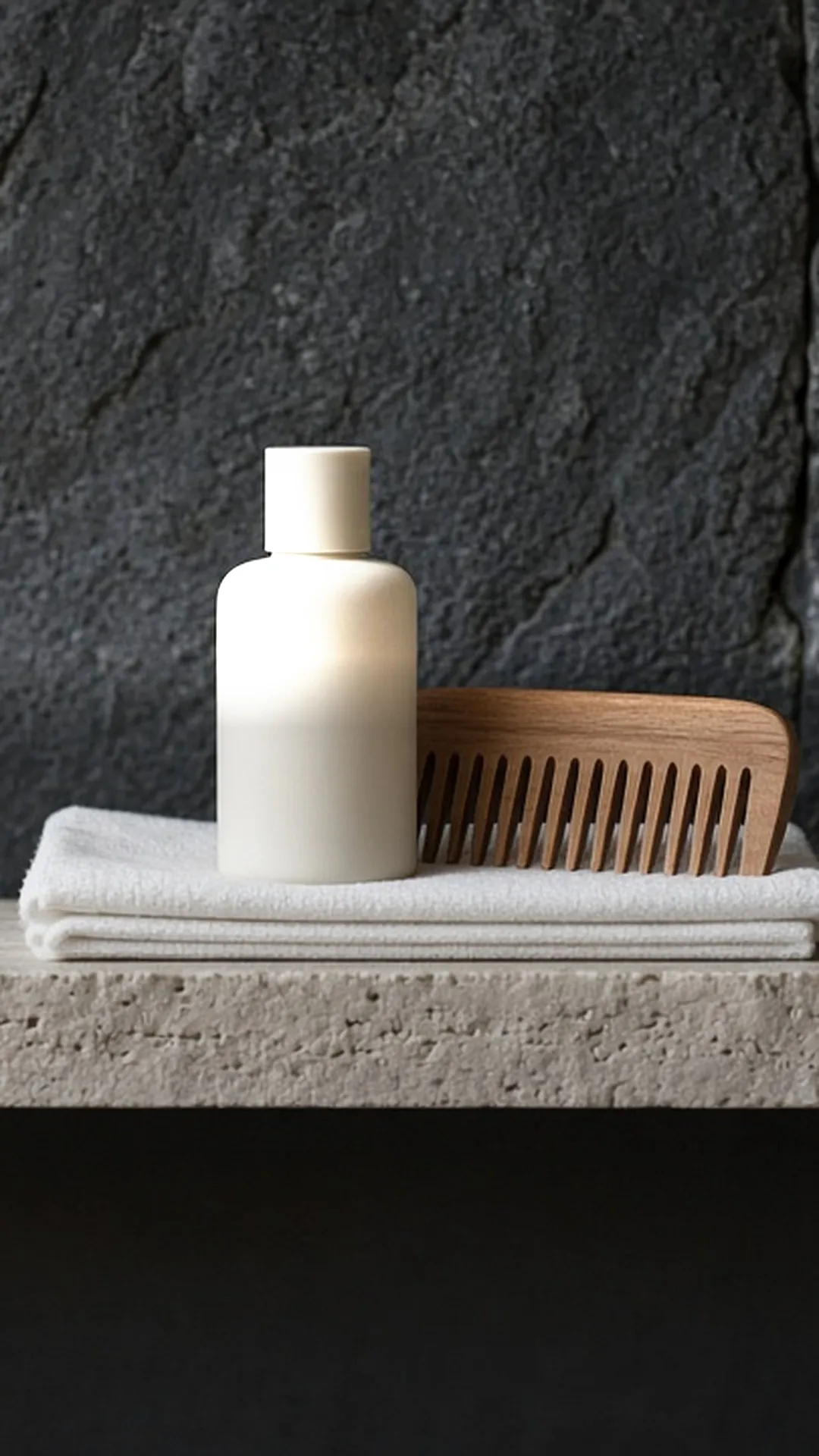 A plain ivory bottle and a wide-tooth comb resting on a folded white towel