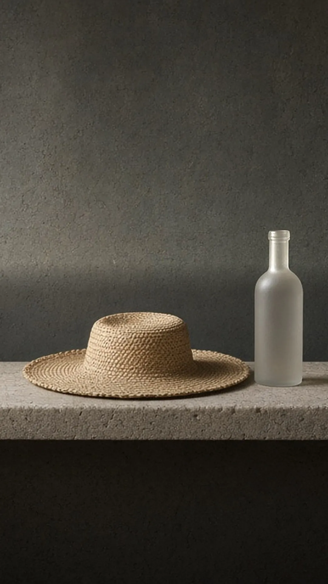 A wide-brimmed straw hat resting on a stone ledge beside a plain frosted bottle