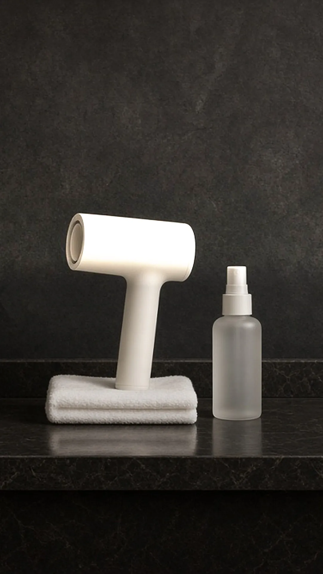 A plain ivory hair dryer on a folded towel beside a plain spray bottle