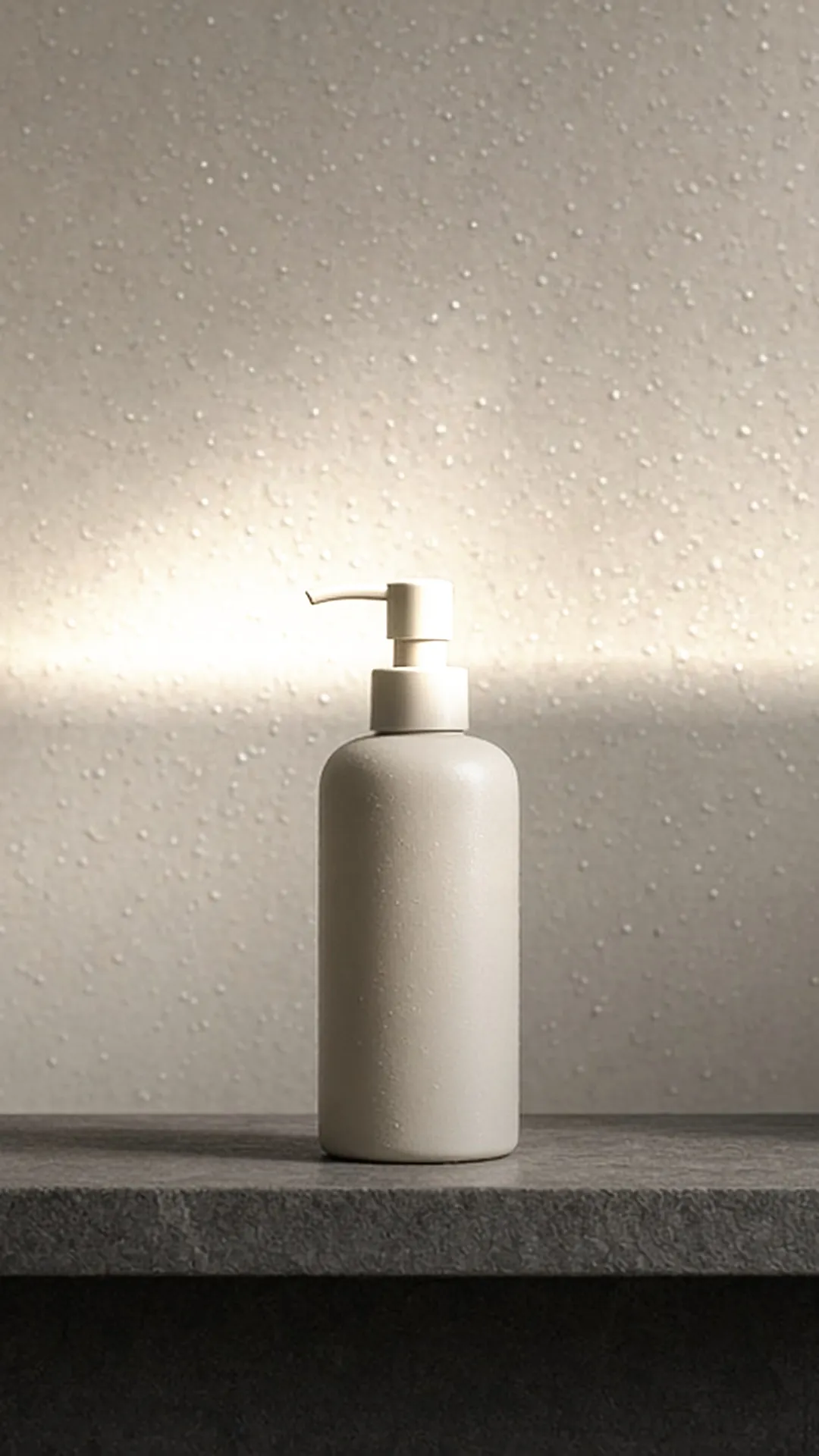 A plain unlabeled pump bottle on a shower ledge with water droplets on pale tile