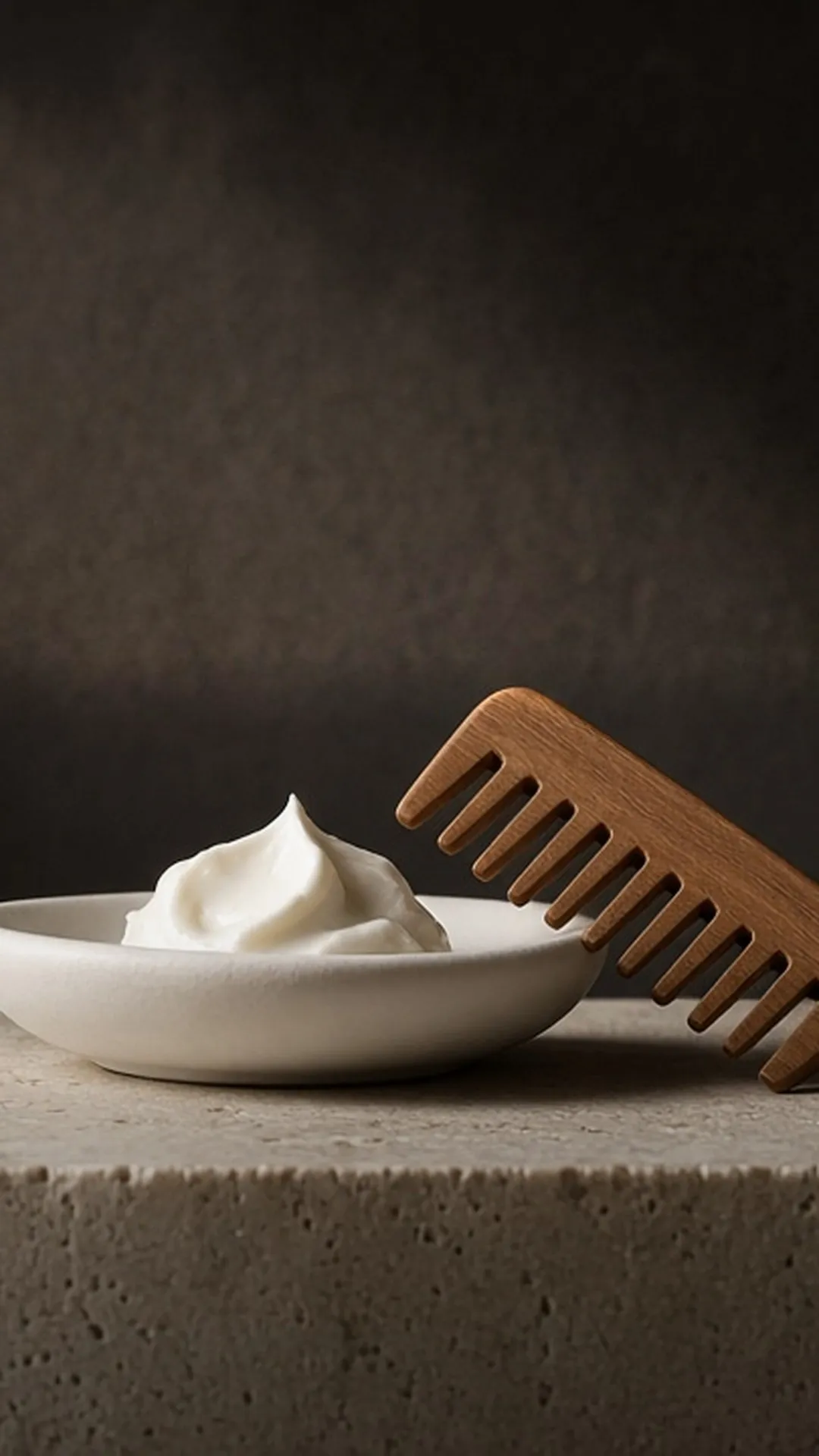 A dollop of white cream in a ceramic dish beside a wooden wide-tooth comb