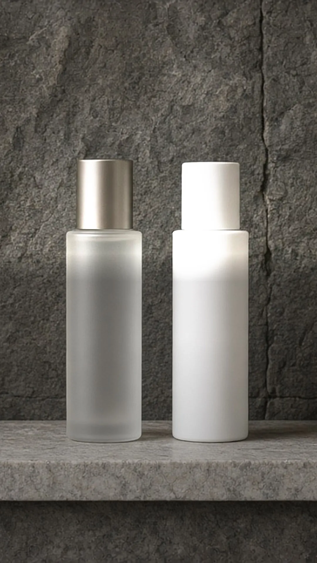 A frosted glass bottle and a plain white bottle standing on a stone ledge