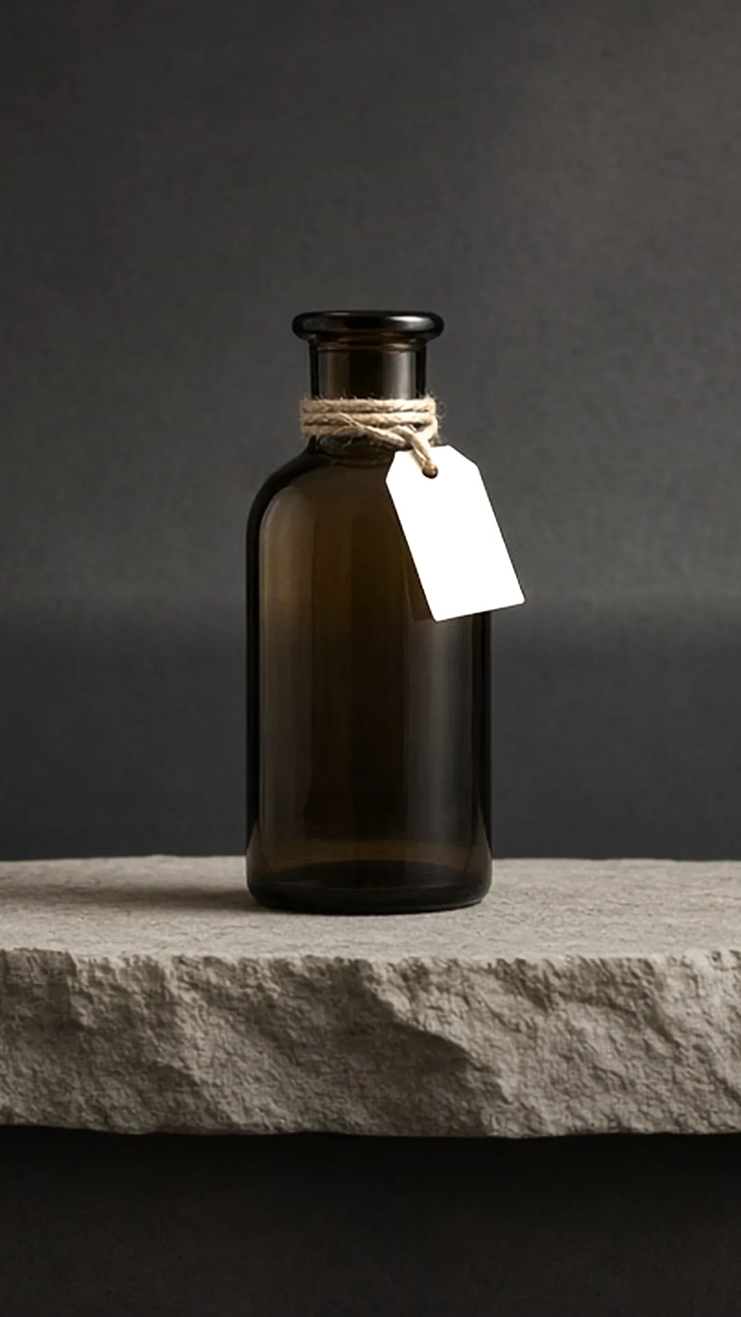 A plain dark brown glass bottle with a blank ivory tag tied on with string