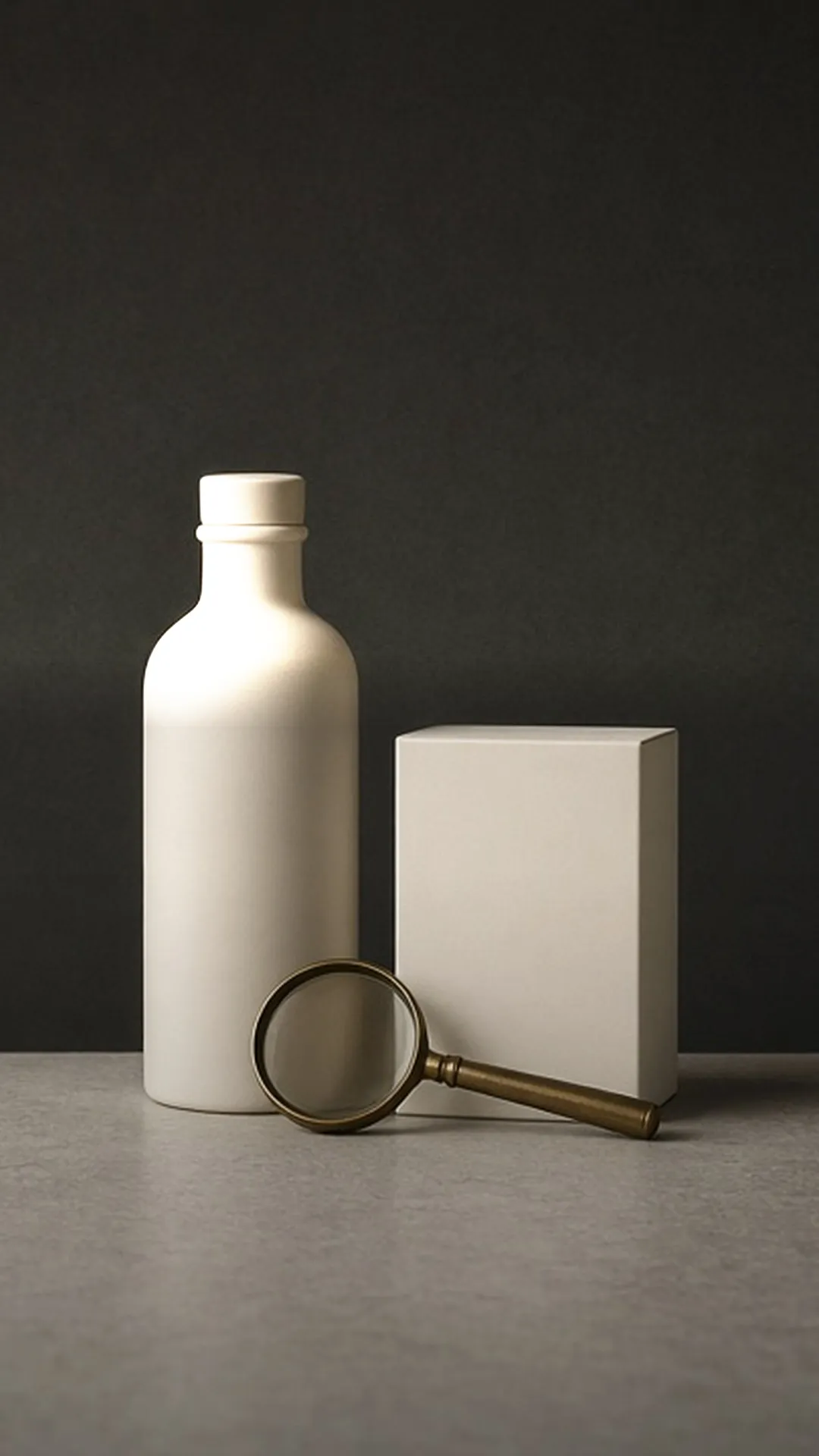 A plain bottle, a blank ivory carton, and a brass magnifying glass on stone