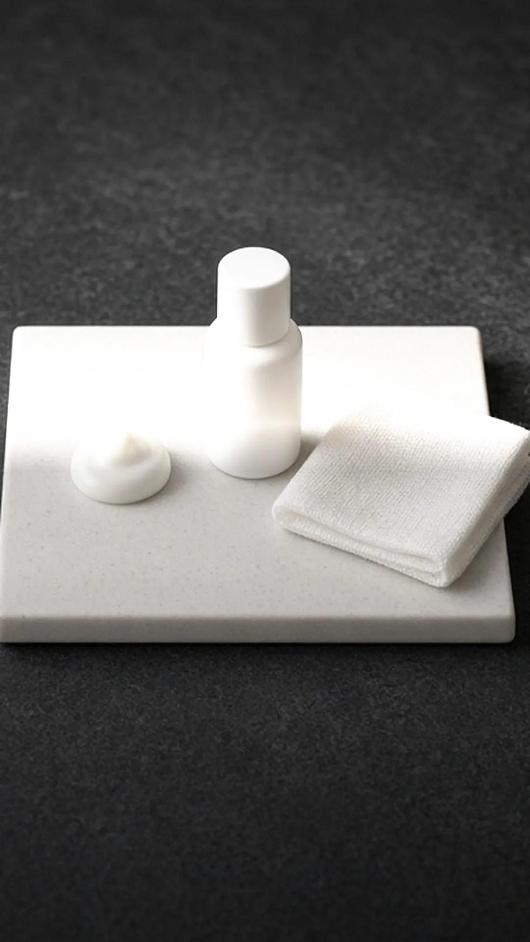 A small dab of white cream on a ceramic tile beside a plain bottle