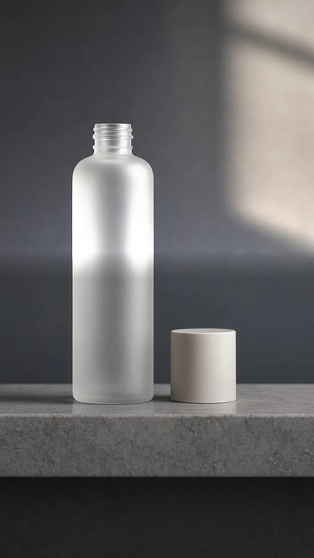A plain bottle with its cap set aside on a shaded stone shelf