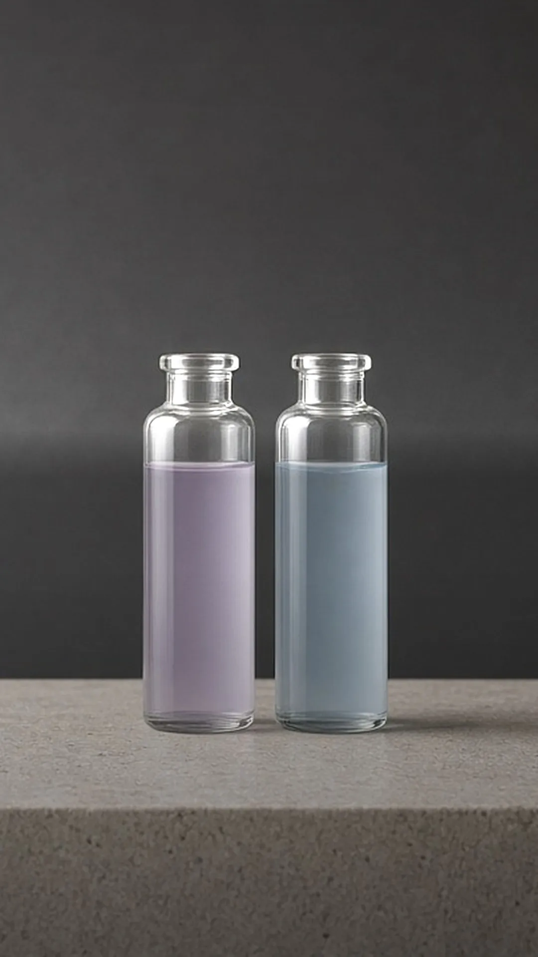 Two clear unlabeled glass bottles holding pale lilac and pale blue liquid on pale stone