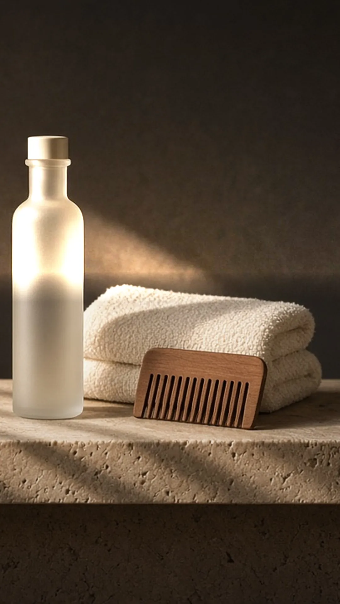 A frosted bottle, a folded towel, and a wide-tooth comb on a sunlit stone ledge