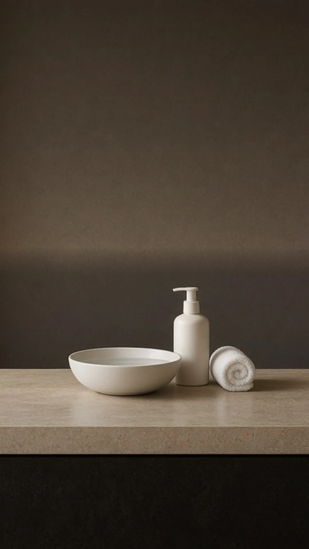 A bowl of clear water, a plain pump bottle, and a rolled towel on a vanity