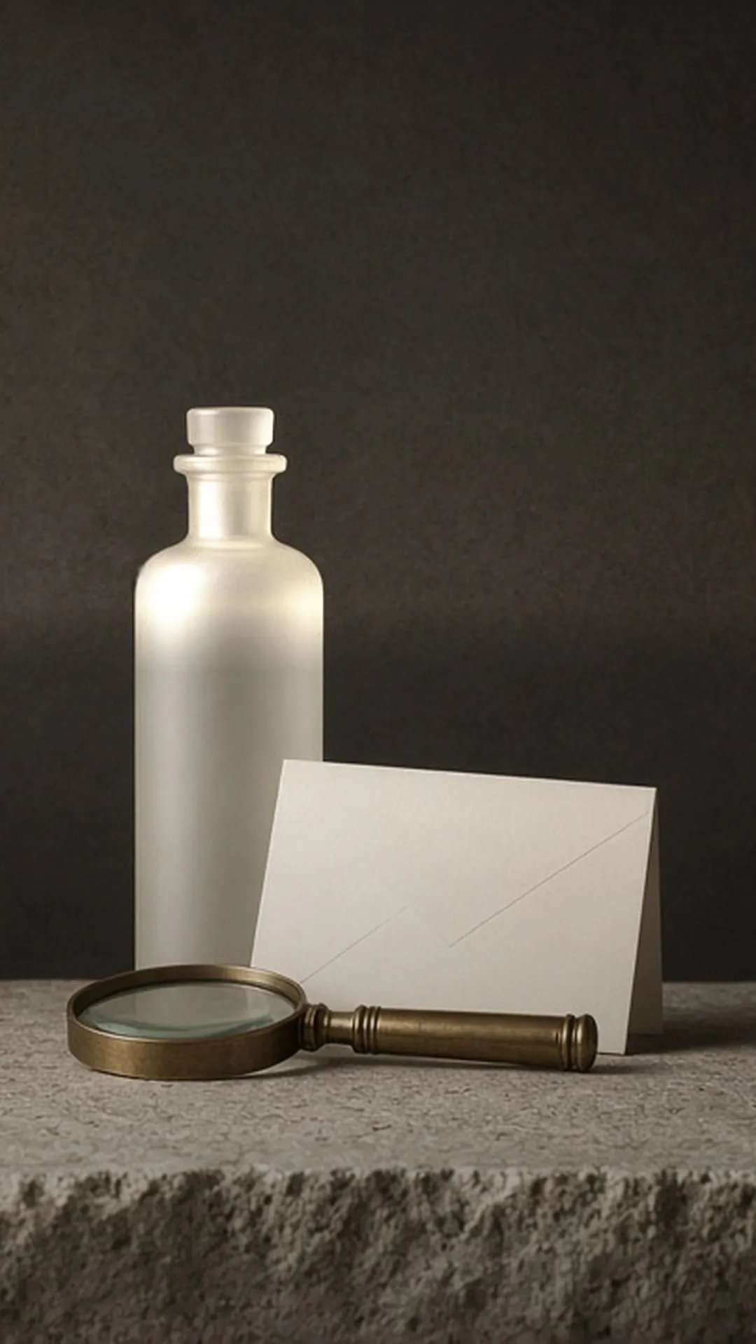 A blank ivory card, a plain bottle, and a brass magnifying glass on pale stone