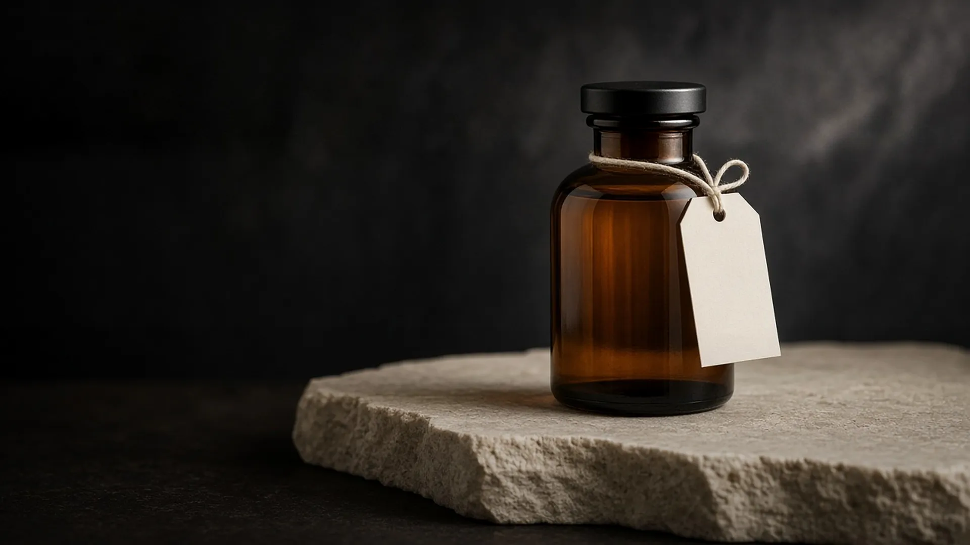 A plain amber glass bottle with a blank ivory tag tied on with string